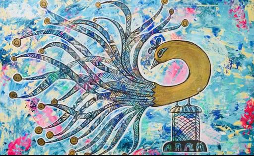 Intricate Peacock in Indian Style with Easy Abstract Background - Beginners Acrylic Painting
